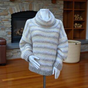 Vintage STONE CIRCLE Hand knit In Ireland Striped Mohair Blend Cowl Neck Sweater